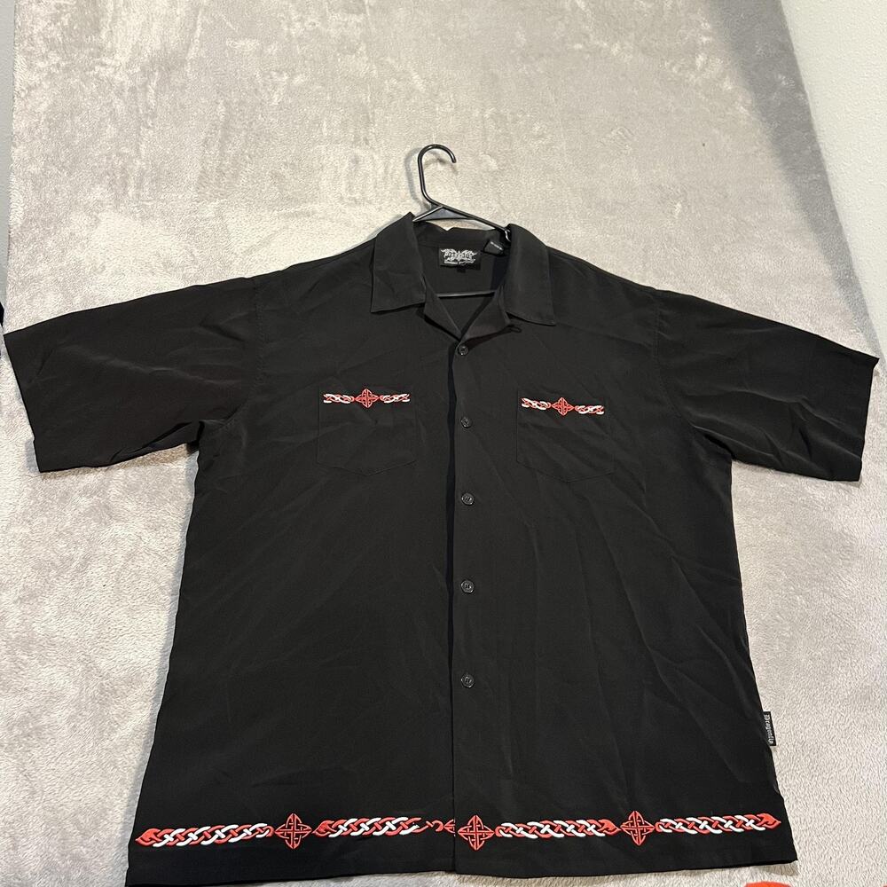 Dragonfly Shirt Mens 2XL Black Bowling Camp Button Front Tribal Embroidered
